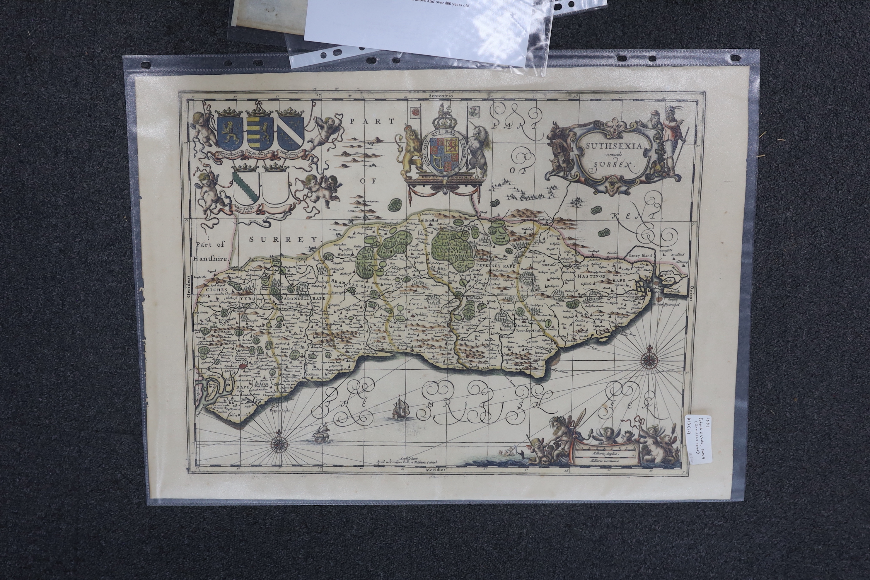 Three unframed 17th century maps of Sussex; a Pieter Van Den Keere map, 9 x 14cm, a Michael Drayton map, 26 x 34cm and a Valk & Schenk map, 37 x 54cm